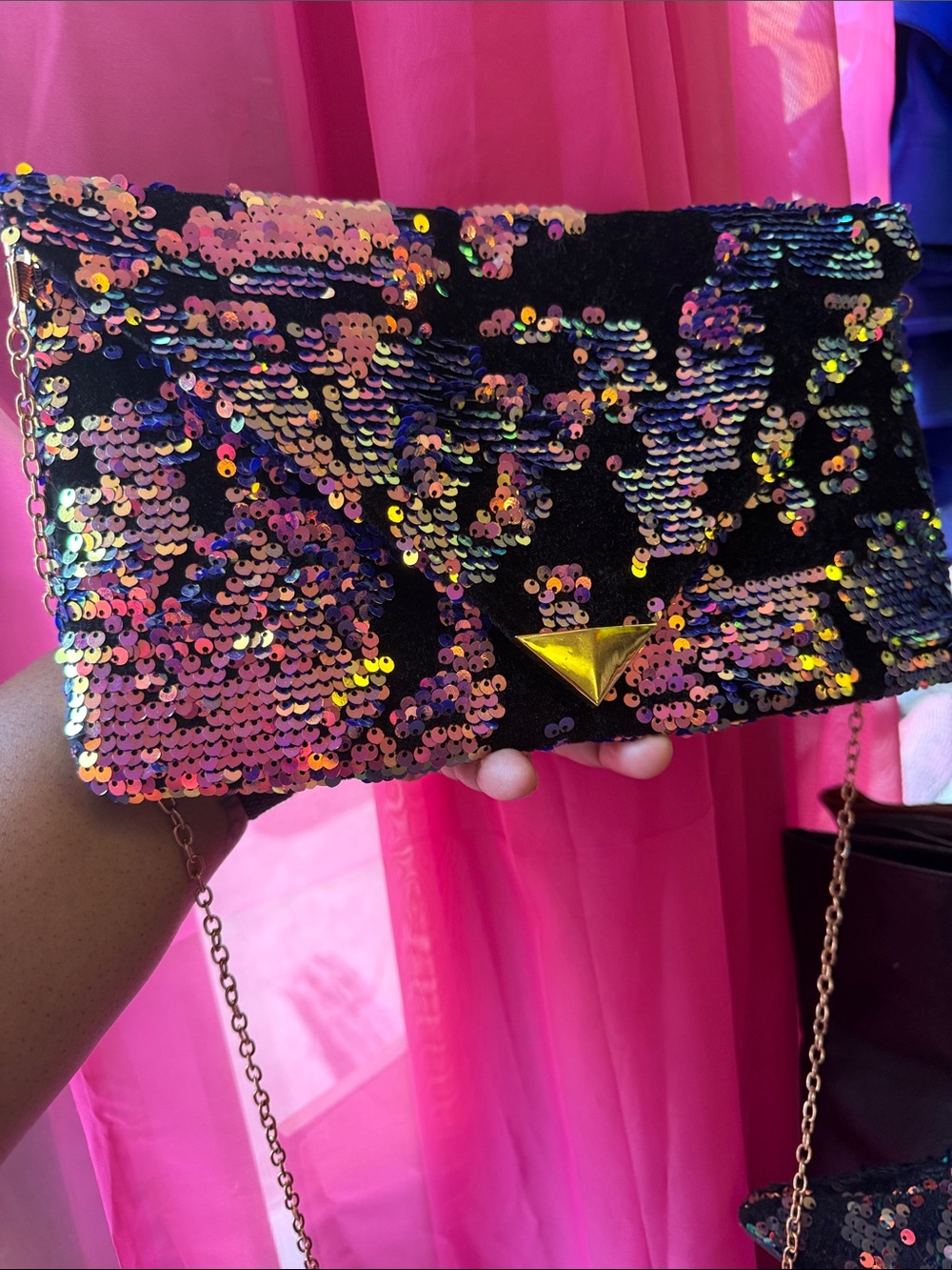 BAMBOO Iridescent Sequin Clutch in Pink and Black with Gold Accent